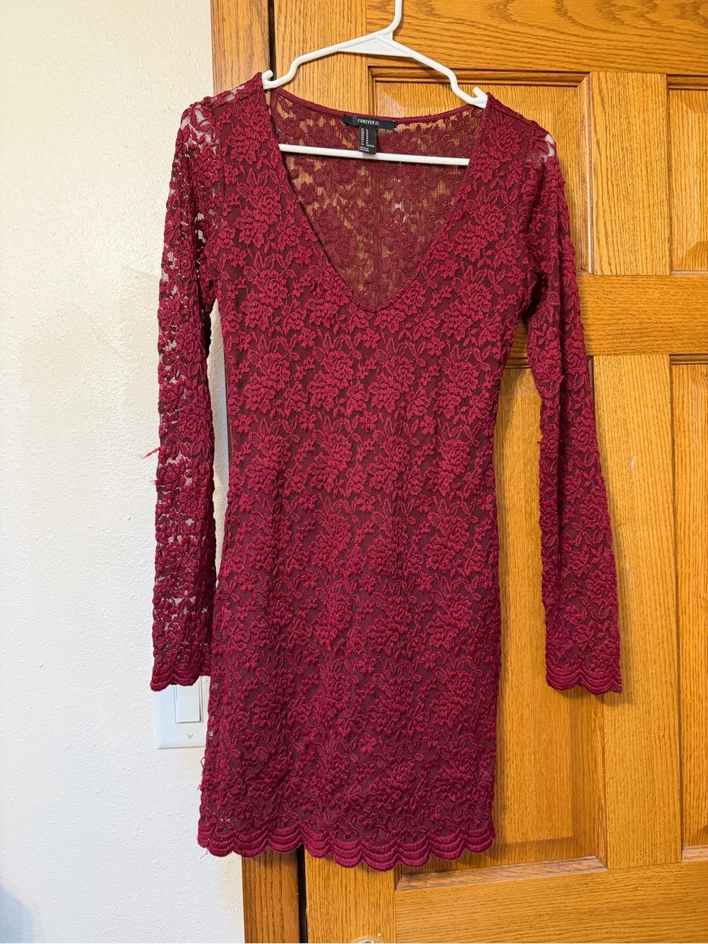 Forever 21 Wine Lace Long Sleeve V-Neck Dress